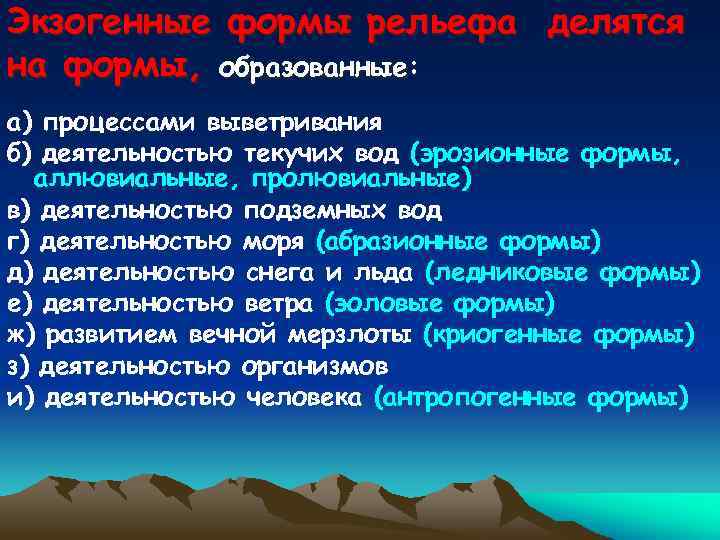 Формы рельефа вода. Экзогенные процессы таблица. Таблица экзогенные факторы. Экзогенные формы рельефа. Деятельность воды формы рельефа.