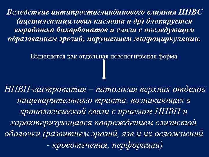 Вследствие антипростагландинового влияния НПВС (ацетилсалициловая кислота и др) блокируется выработка бикарбонатов и слизи с