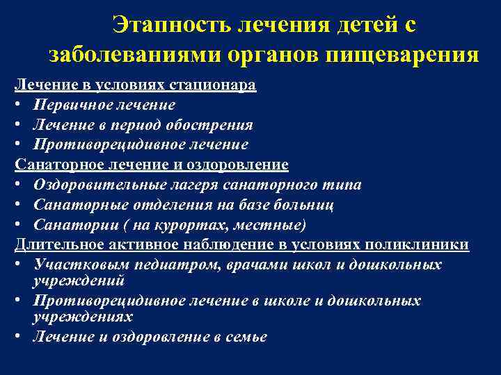 Этапность лечения детей с заболеваниями органов пищеварения Лечение в условиях стационара • Первичное лечение