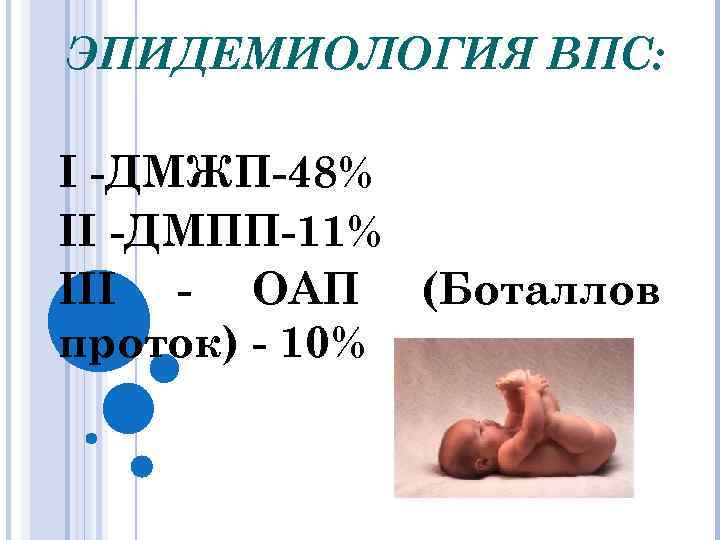 ЭПИДЕМИОЛОГИЯ ВПС: I -ДМЖП-48% II -ДМПП-11% III - ОАП (Боталлов проток) - 10% 