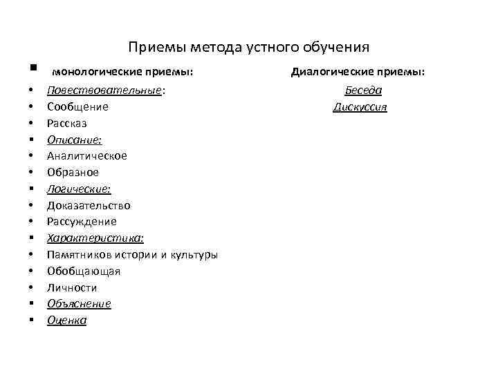 § • • • § • • • § § Приемы метода устного обучения