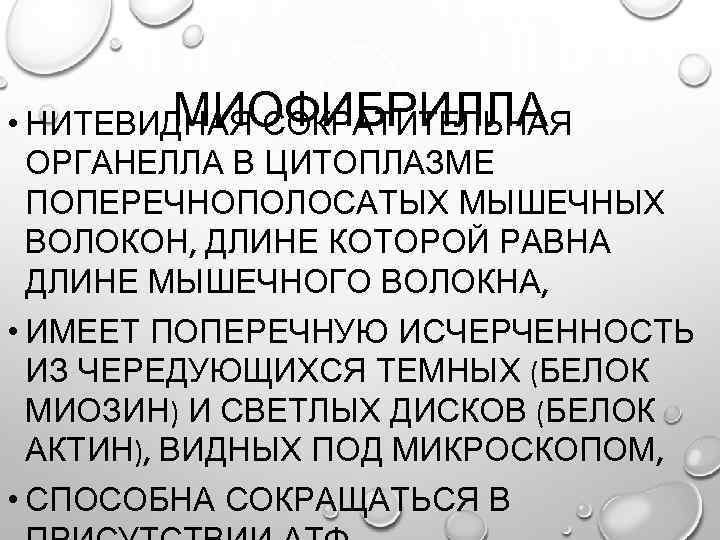 МИОФИБРИЛЛА • НИТЕВИДНАЯ СОКРАТИТЕЛЬНАЯ ОРГАНЕЛЛА В ЦИТОПЛАЗМЕ ПОПЕРЕЧНОПОЛОСАТЫХ МЫШЕЧНЫХ ВОЛОКОН, ДЛИНЕ КОТОРОЙ РАВНА ДЛИНЕ