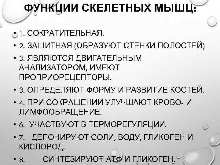 ФУНКЦИИ СКЕЛЕТНЫХ МЫШЦ: • 1. СОКРАТИТЕЛЬНАЯ. • 2. ЗАЩИТНАЯ (ОБРАЗУЮТ СТЕНКИ ПОЛОСТЕЙ) • 3.