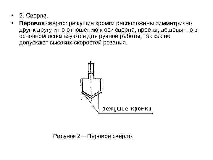 • 2. Сверла. • Перовое сверло: режущие кромки расположены симметрично друг к другу