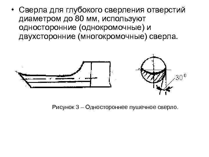  • Сверла для глубокого сверления отверстий диаметром до 80 мм, используют односторонние (однокромочные)