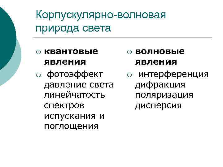 Корпускулярно-волновая природа света ¡ ¡ квантовые явления фотоэффект давление света линейчатость спектров испускания и