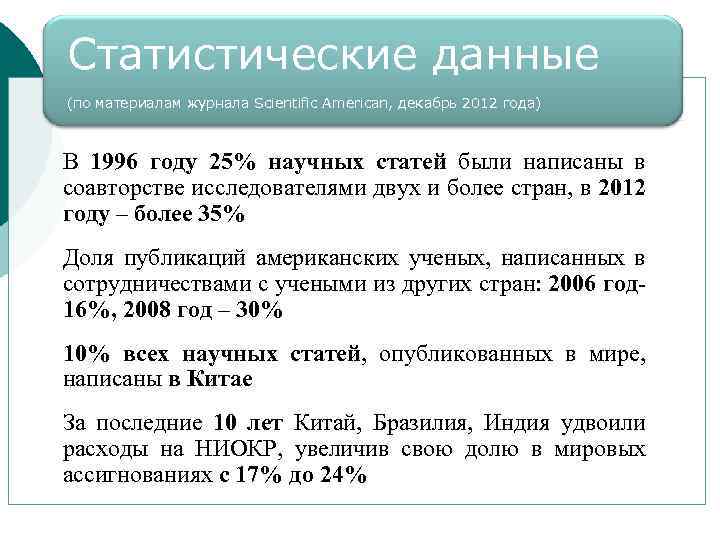 Статистические данные (по материалам журнала Scientific American, декабрь 2012 года) В 1996 году 25%