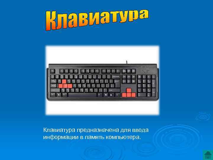 Клавиатура предназначена для ввода информации в память компьютера. 