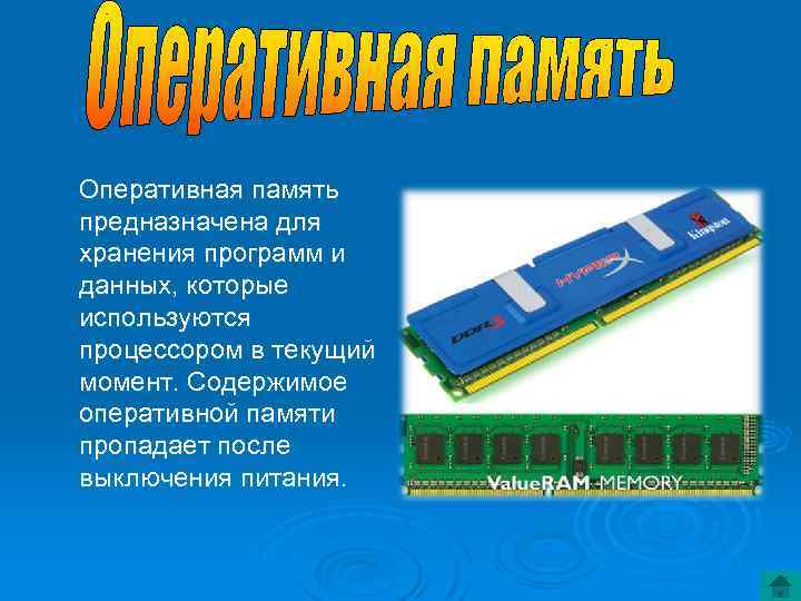 Оперативная память предназначена для хранения программ и данных, которые используются процессором в текущий момент.