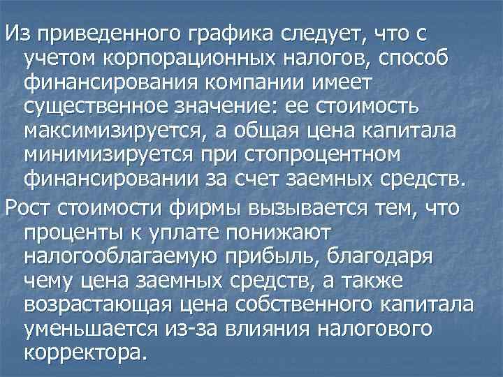 Из приведенного графика следует, что с учетом корпорационных налогов, способ финансирования компании имеет существенное