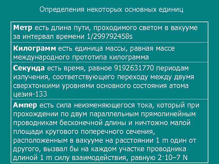 Определения некоторых основных единиц Метр есть длина пути, проходимого светом в вакууме за интервал