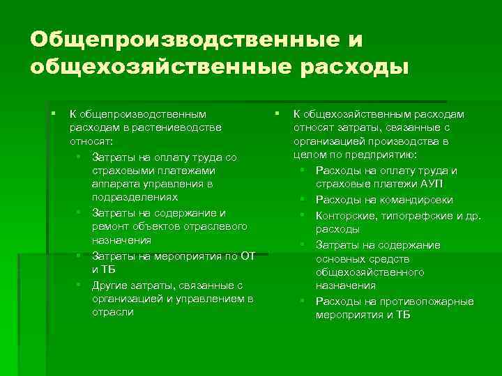 Общепроизводственные и общехозяйственные расходы § К общепроизводственным расходам в растениеводстве относят: § Затраты на