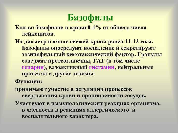 Базофилы Кол-во базофилов в крови 0 -1% от общего числа лейкоцитов. Их диаметр в