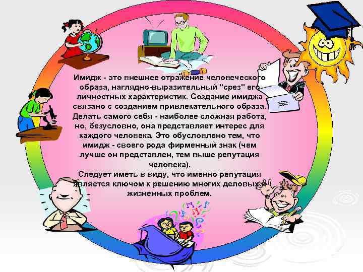 . Имидж это внешнее отражение человеческого образа, наглядно выразительный "срез" его личностных характеристик. Создание