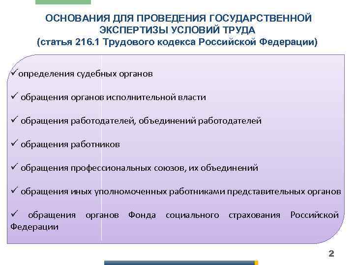 ОСНОВАНИЯ ДЛЯ ПРОВЕДЕНИЯ ГОСУДАРСТВЕННОЙ ЭКСПЕРТИЗЫ УСЛОВИЙ ТРУДА (статья 216. 1 Трудового кодекса Российской Федерации)