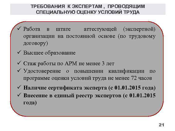 ТРЕБОВАНИЯ К ЭКСПЕРТАМ , ПРОВОДЯЩИМ СПЕЦИАЛЬНУЮ ОЦЕНКУ УСЛОВИЙ ТРУДА ü Работа в штате аттестующей