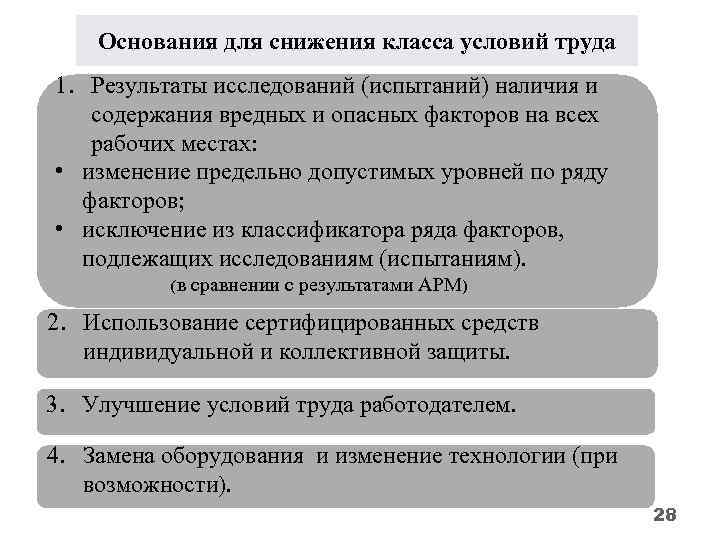 Основания для снижения класса условий труда 1. Результаты исследований (испытаний) наличия и содержания вредных