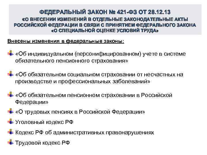 ФЕДЕРАЛЬНЫЙ ЗАКОН № 421 -ФЗ ОТ 28. 12. 13 «О ВНЕСЕНИИ ИЗМЕНЕНИЙ В ОТДЕЛЬНЫЕ