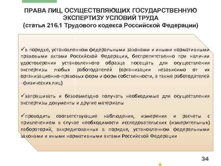 ПРАВА ЛИЦ, ОСУЩЕСТВЛЯЮЩИХ ГОСУДАРСТВЕННУЮ ЭКСПЕРТИЗУ УСЛОВИЙ ТРУДА (статья 216. 1 Трудового кодекса Российской Федерации)