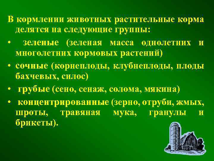В кормлении животных растительные корма делятся на следующие группы: • зеленые (зеленая масса однолетних