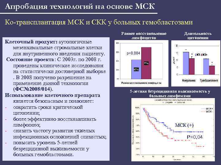 Апробация технологий на основе МСК Ко-трансплантация МСК и СКК у больных гемобластозами Клеточный продукт: