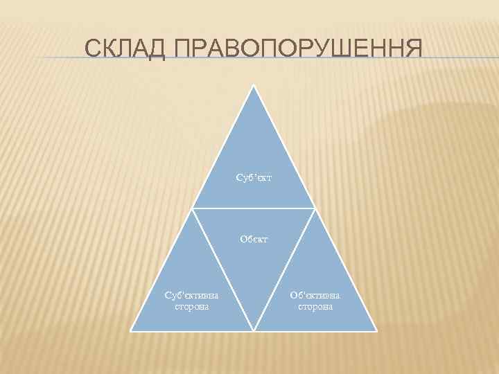 СКЛАД ПРАВОПОРУШЕННЯ     Суб’єкт    Обєкт   Суб'єктивна