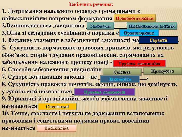      Закінчить речення: 1. Дотримання належного порядку громадянами є найважливішим