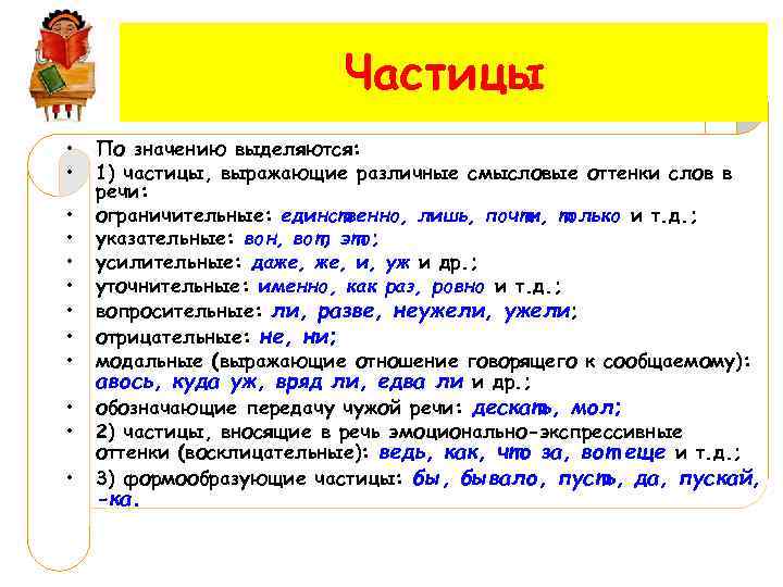 Частицы • • • По значению выделяются: 1) частицы, выражающие различные смысловые оттенки слов