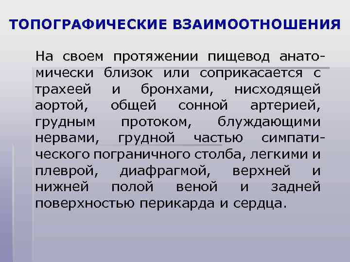 ТОПОГРАФИЧЕСКИЕ ВЗАИМООТНОШЕНИЯ На своем протяжении пищевод анатомически близок или соприкасается с трахеей и бронхами,