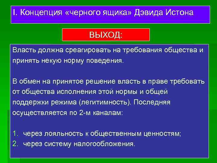 I. Концепция «черного ящика» Дэвида Истона ВЫХОД: Власть должна среагировать на требования общества и