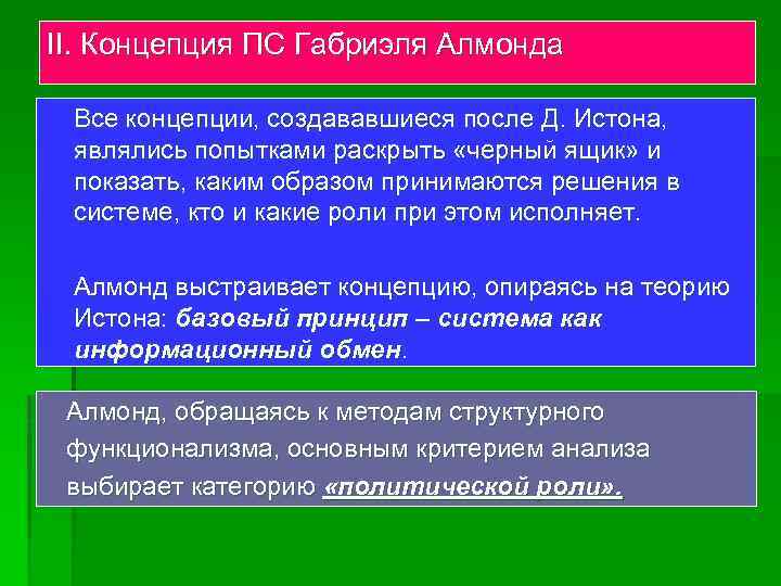 II. Концепция ПС Габриэля Алмонда Все концепции, создававшиеся после Д. Истона, являлись попытками раскрыть