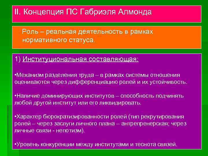 II. Концепция ПС Габриэля Алмонда Роль – реальная деятельность в рамках нормативного статуса. 1)