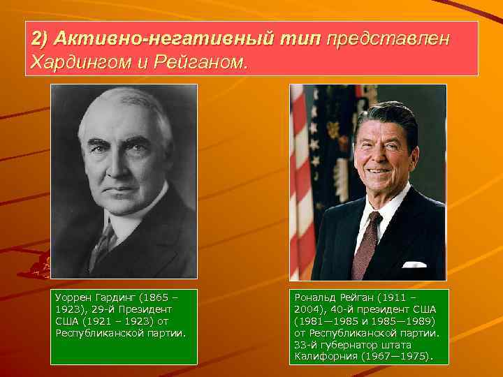 2) Активно-негативный тип представлен Хардингом и Рейганом. Уоррен Гардинг (1865 – 1923), 29 -й