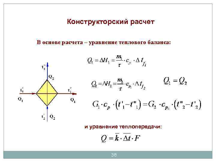 Конструкторский расчет В основе расчета – уравнение теплового баланса: и уравнение теплопередачи: 38 