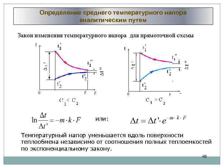 Определение среднего температурного напора аналитическим путем Закон изменения температурного напора для прямоточной схемы или: