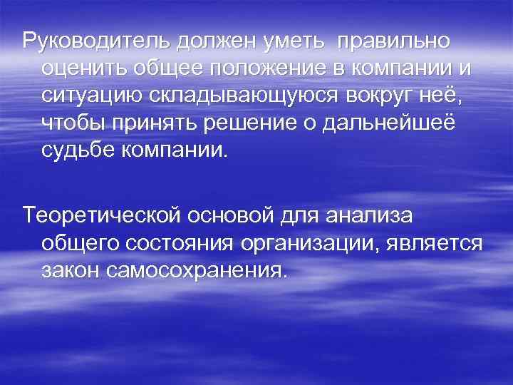Руководитель должен уметь правильно оценить общее положение в компании и ситуацию складывающуюся вокруг неё,