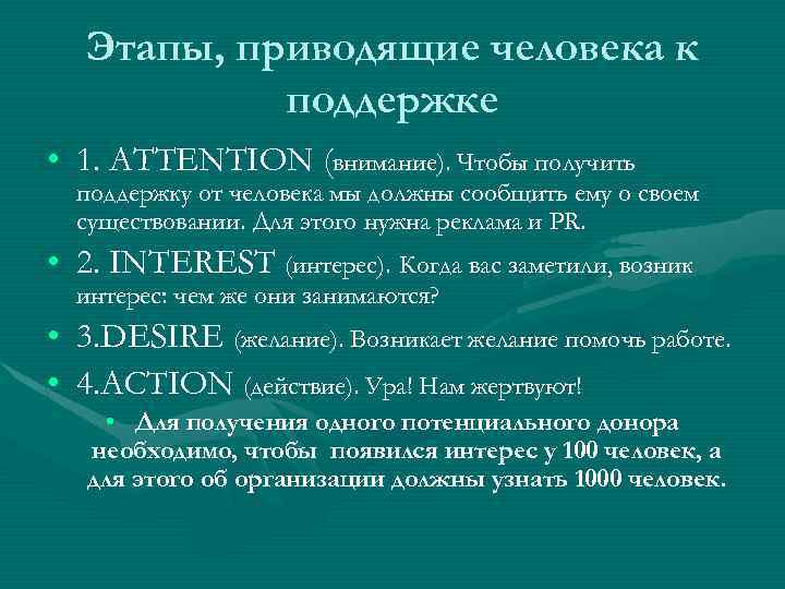 Этапы, приводящие человека к поддержке • 1. ATTENTION (внимание). Чтобы получить поддержку от человека