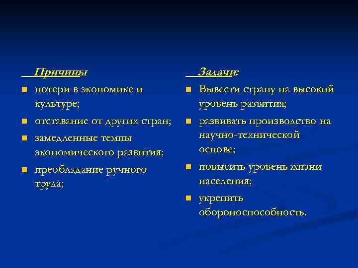 Причины : n n потери в экономике и культуре; отставание от других стран; замедленные