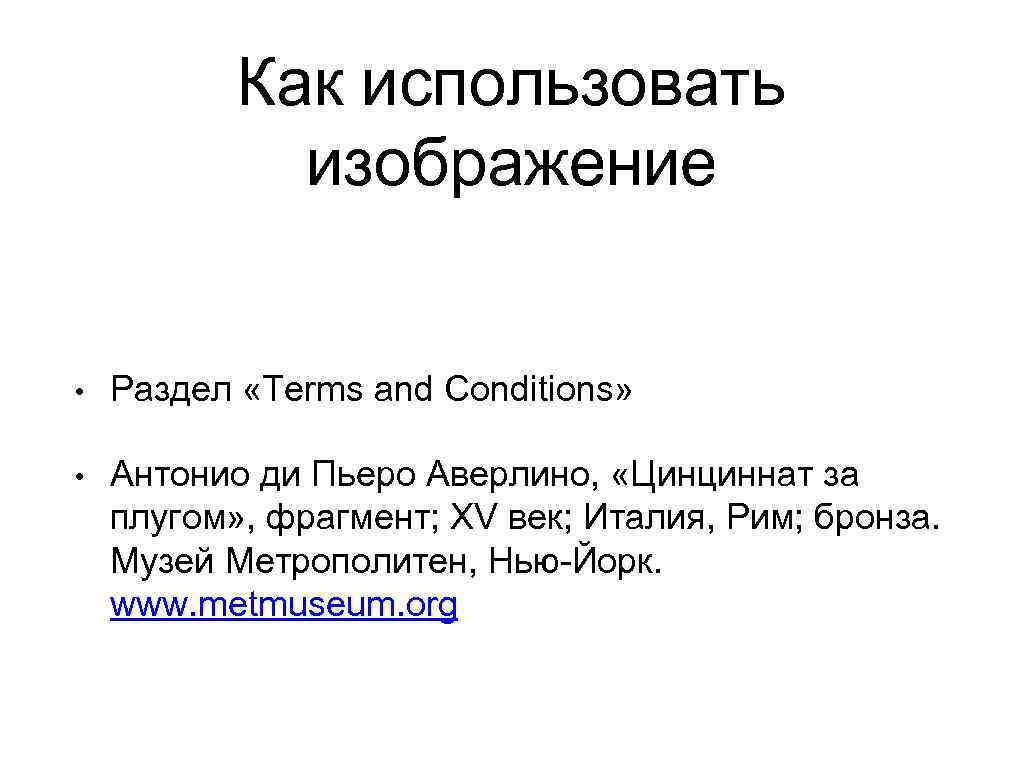 Как использовать изображение • Раздел «Terms and Conditions» • Антонио ди Пьеро Аверлино, «Цинциннат