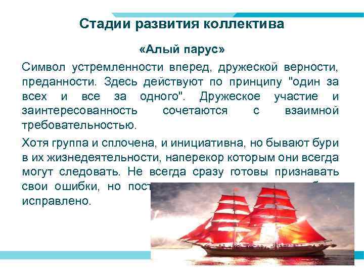 Стадии развития коллектива «Алый парус» Символ устремленности вперед, дружеской верности, преданности. Здесь действуют по