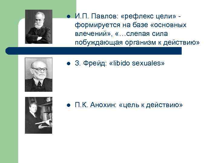 l И. П. Павлов: «рефлекс цели» - формируется на базе «основных влечений» , «…слепая