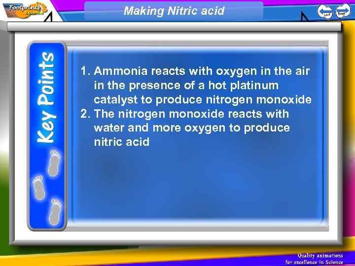 Making Nitric acid 1. Ammonia reacts with oxygen in the air in the presence