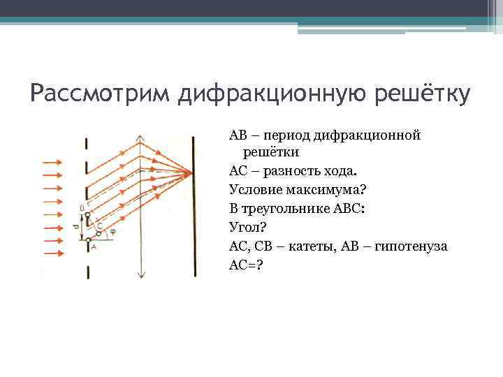 Рассмотрим дифракционную решётку АВ – период дифракционной решётки АС – разность хода. Условие максимума?