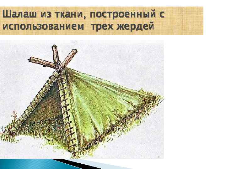 Шалаш из ткани, построенный с использованием трех жердей 