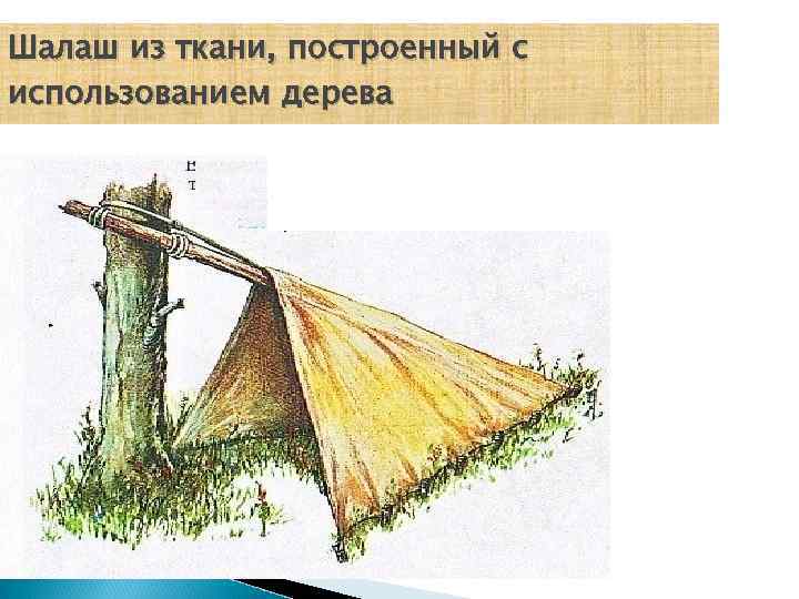 Шалаш из ткани, построенный с использованием дерева 
