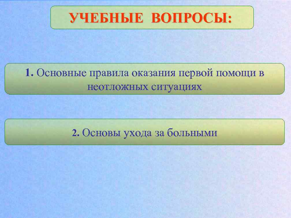 УЧЕБНЫЕ ВОПРОСЫ: 1. Основные правила оказания первой помощи в неотложных ситуациях 2. Основы ухода