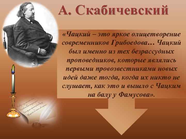 А. Скабичевский «Чацкий – это яркое олицетворение современников Грибоедова… Чацкий был именно из тех