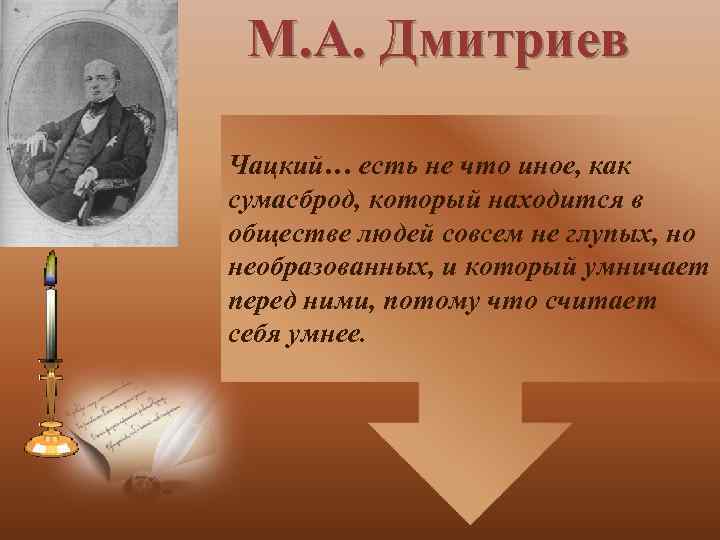 М. А. Дмитриев Чацкий… есть не что иное, как сумасброд, который находится в обществе