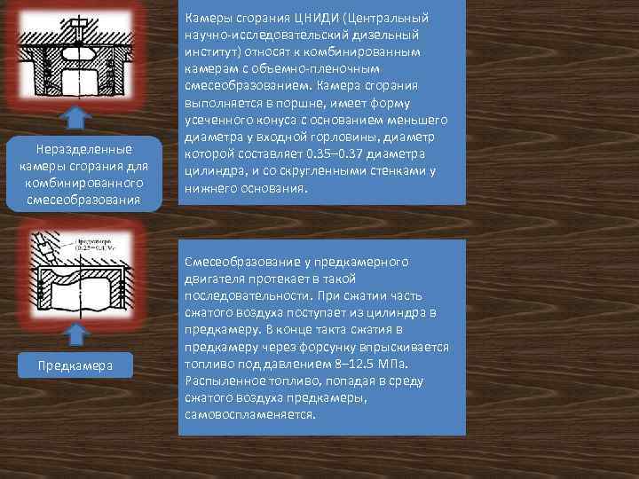 Неразделенные камеры сгорания для комбинированного смесеобразования Предкамера Камеры сгорания ЦНИДИ (Центральный научно-исследовательский дизельный институт)