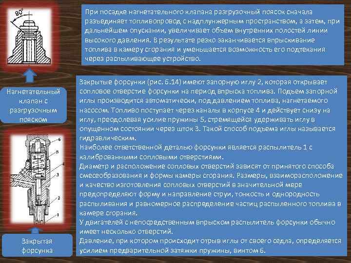 При посадке нагнетательного клапана разгрузочный поясок сначала разъединяет топливопровод с надплунжерным пространством, а затем,